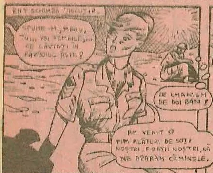 Comic panel: Two soldiers conversing; one is seated and gesturing.