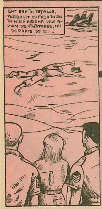 Comic panel: A body lying face down in the sand; three people looking at it from behind.