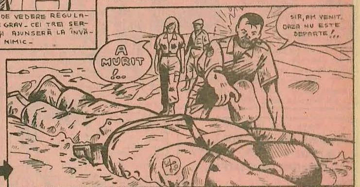 Comic panel: A soldier kneeling beside the body in the sand, checking for life.