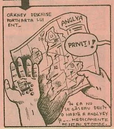 Comic panel: A hand holding a map with the word ANGLYA visible.