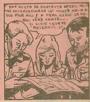 Comic panel: Three characters looking down at the map with somber expressions.