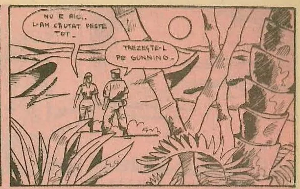Comic panel: Two soldiers walking away in a desert landscape with palm trees.