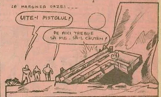 Comic panel: A pistol lying on a rock; soldiers approaching in the background.