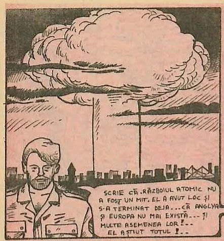 Comic panel showing a man looking at a distant city skyline with a mushroom cloud explosion.