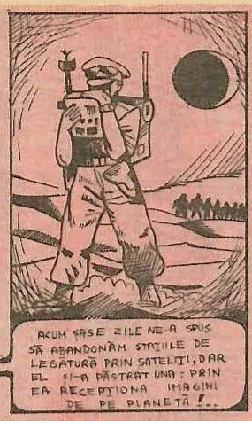 Comic panel showing a soldier standing in a desolate landscape with a dark celestial body in the sky.