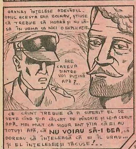 Comic panel showing two men, one in uniform and one with a mustache.