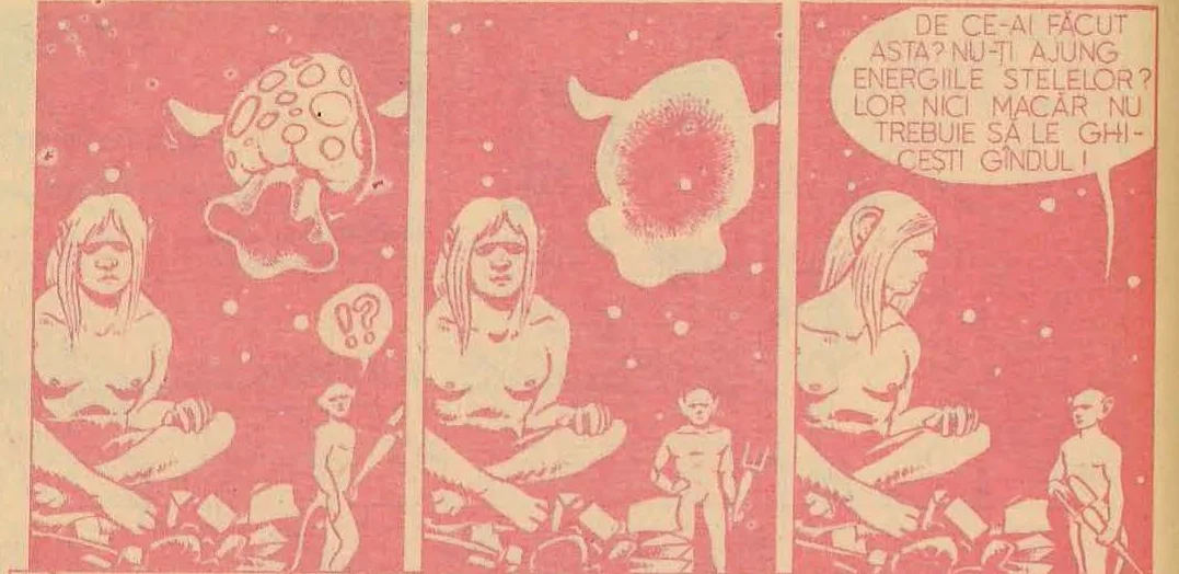 Comic strip panel showing a sequence of a woman sitting cross-legged and a small creature, with a floating amoeba-like shape in the center.