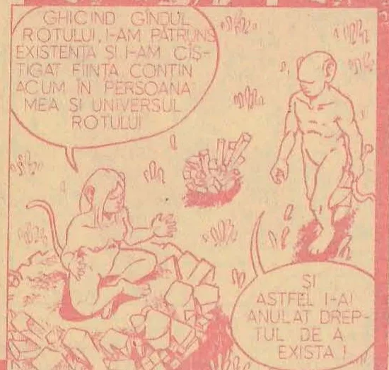Comic panel showing a woman sitting and a small creature standing nearby in a rocky landscape.