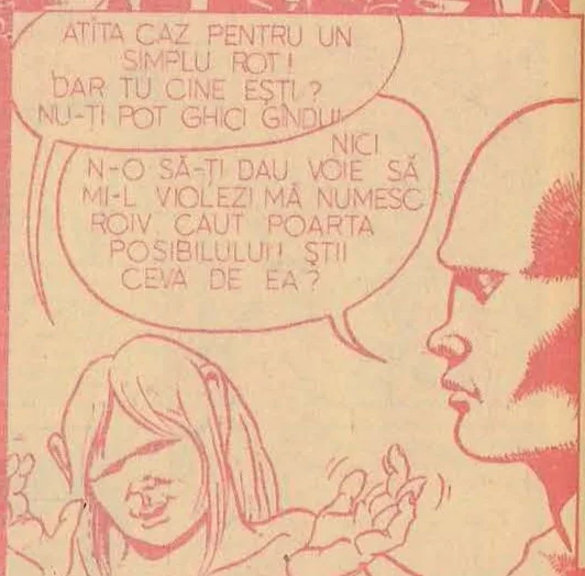 Comic panel showing a close-up profile of a man's face on the right and the woman on the left.