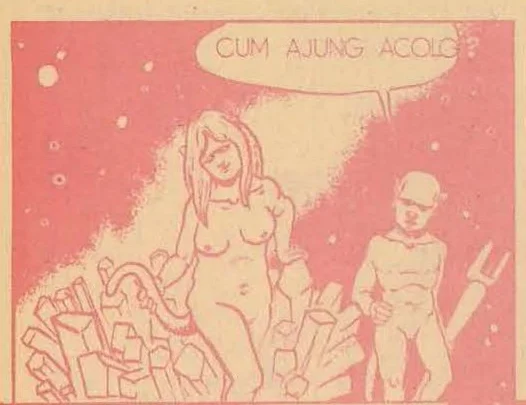 Comic panel depicting a female figure with a tail and a smaller horned figure standing in a crystalline landscape