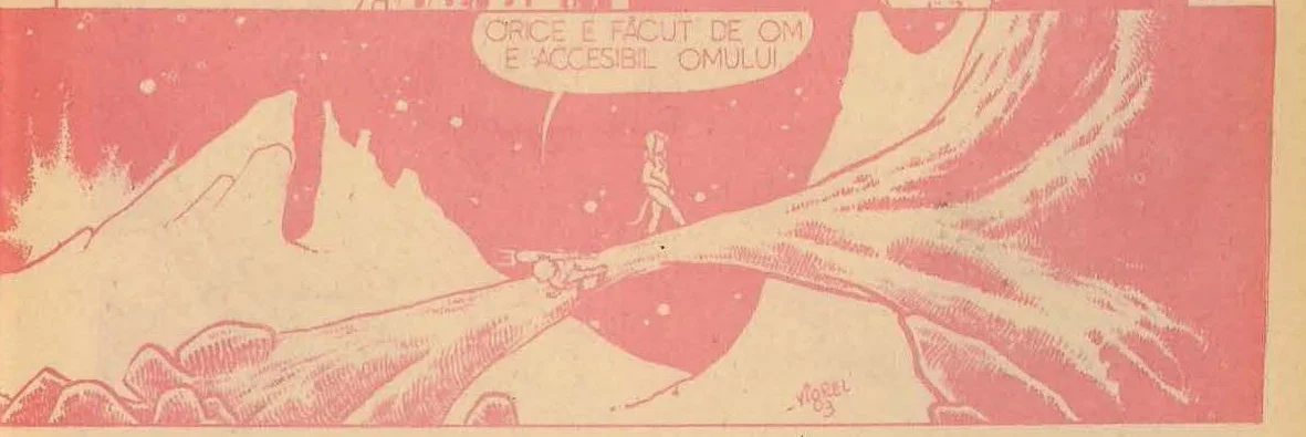 Wide comic panel showing a path bridging a chasm leading towards a bright destination