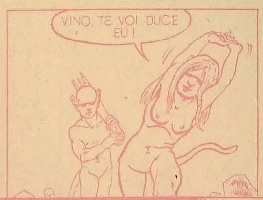 Comic panel showing the female figure stretching her arms while the horned figure holds a staff