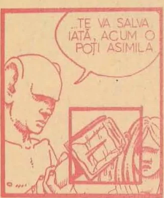 Comic panel: A character looking down at a square device held in their hands.