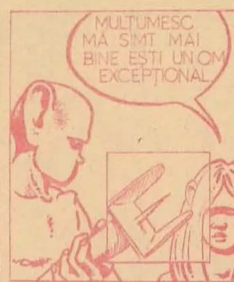 Comic panel: A character holding a fork-like tool, speaking.