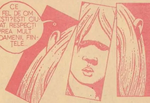 Comic panel: A large stylized face split into vertical strips, showing eyes and mouth.