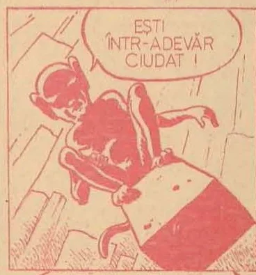 Comic panel: A small creature or child sitting on a block, gesturing.