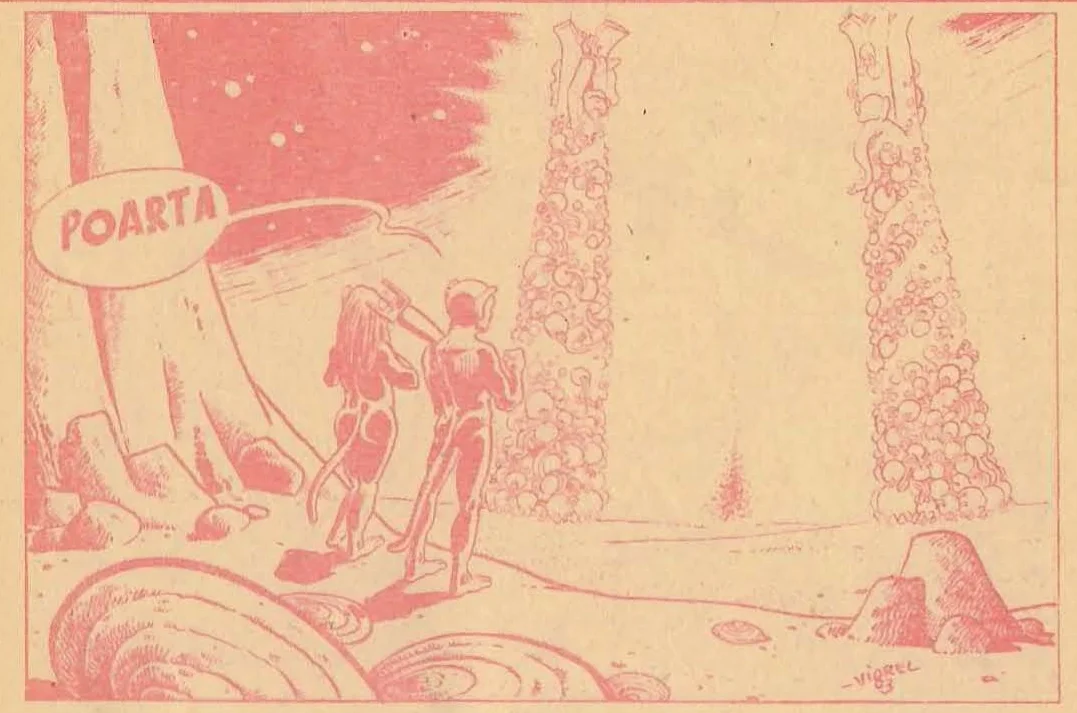 Large panel showing a surreal landscape with a structure labeled POARTA, tall organic pillars, and two figures observing