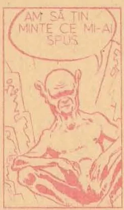 Comic panel showing a bald humanoid figure sitting cross-legged in a meditative pose