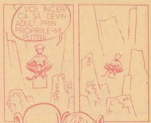 Comic panel depicting a figure levitating in a lotus position amidst a rocky landscape