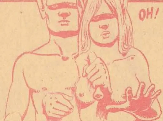 Two bald humanoid figures, one male and one female, standing close together