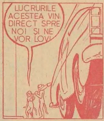 Panel showing the figures observing a car approaching them.