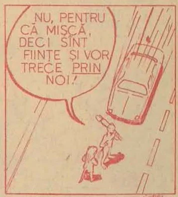 Panel showing a top-down view of the car passing through the figures as if they are ghosts.