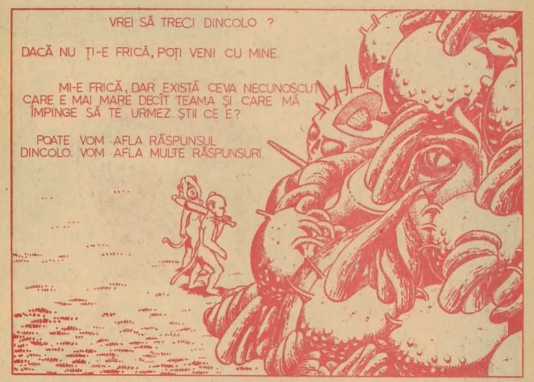 Large panel showing two small figures walking across a barren landscape towards a massive, organic, bubbly structure on the right.