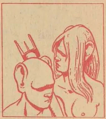 Close-up panel of the two figures' heads; one has a distinctively shaped head.