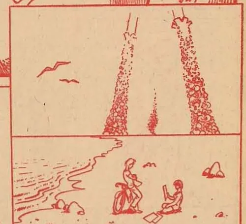Inset panel showing a rocket launch trail in the distance with two small figures sitting on the ground watching it.