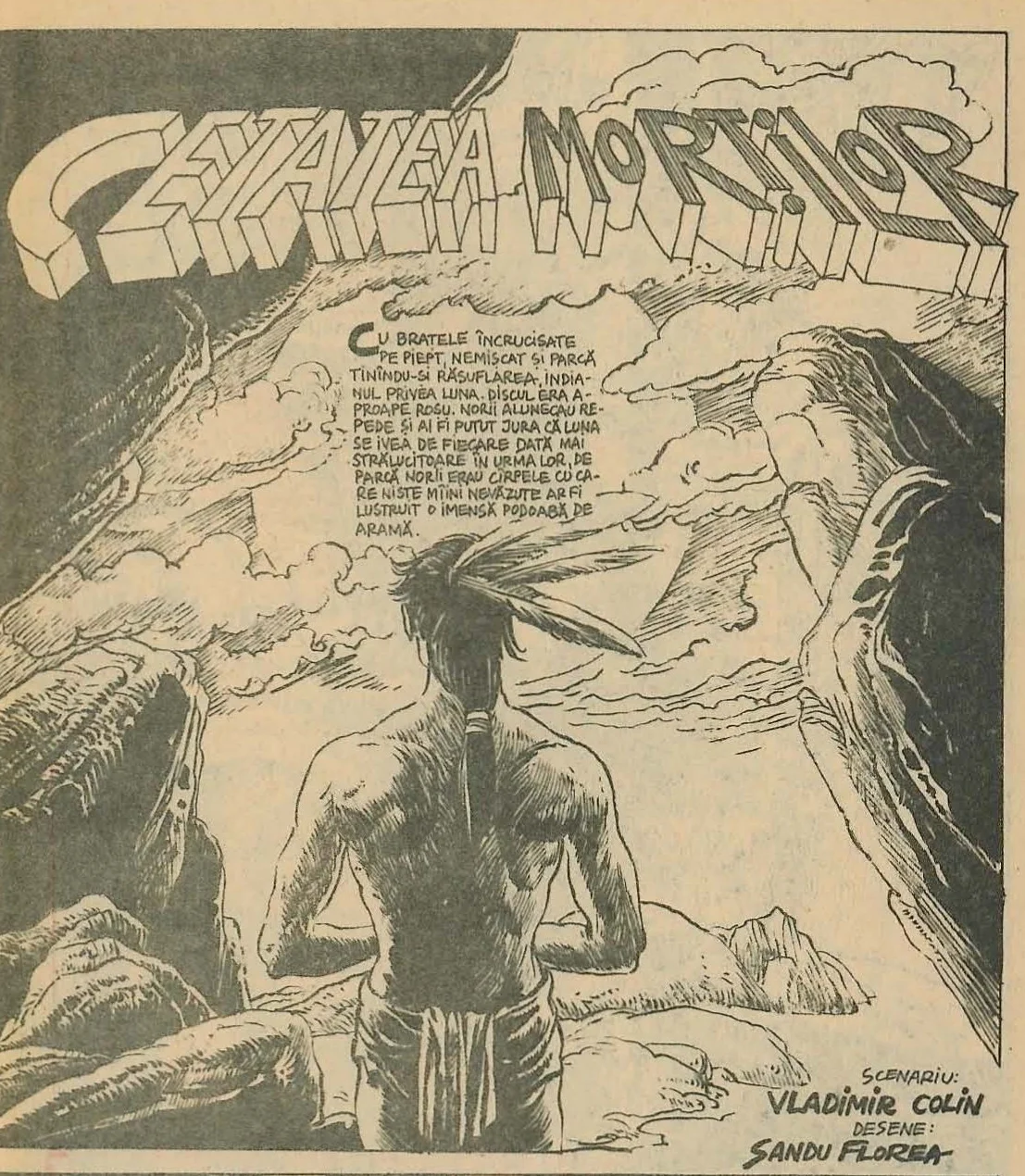 Top panel of a comic: A man with feathers in his hair stands with his back to the viewer, looking out over a rocky landscape towards a dramatic sky with clouds and a moon. The title text floats in the sky above him.