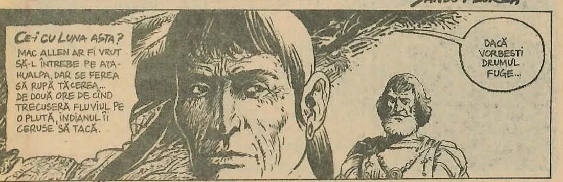 Bottom panel of a comic: A close-up of the Native American character's face on the left, looking serious. In the background on the right, a bearded man in armor or a tunic looks on.