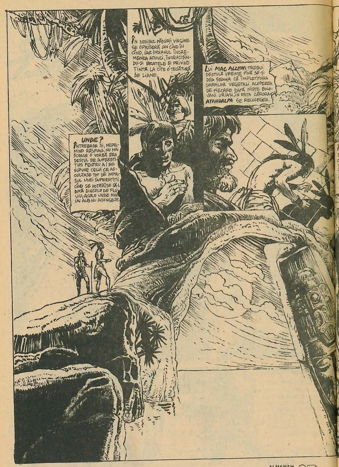 A full-page comic book style illustration depicting a dense jungle scene. In the foreground, large stone structures or statues are overgrown with vines. Two characters are visible: an indigenous man with feathers in his hair appearing to guide or observe, and a bearded man (Mac Allen) looking on. The scene conveys a sense of mystery and ancient ruins.