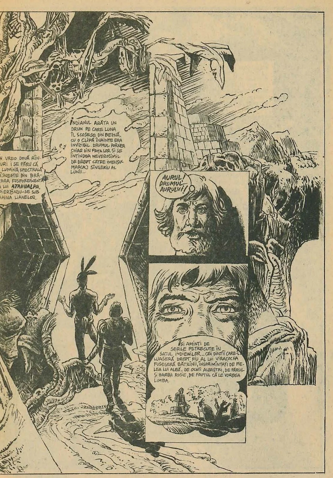 Full page comic illustration depicting a scene with ancient ruins, mountains, and two characters standing before a glowing triangular entrance. The background features stylized rock formations and a dark sky.