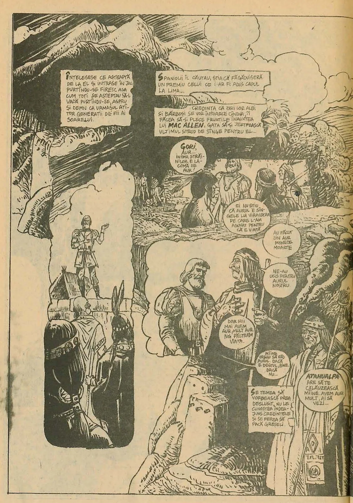 Full-page comic strip illustration depicting a historical fantasy scene with Conquistadors and indigenous South American people in a rocky, mountainous setting. The scene includes narration boxes and speech bubbles.