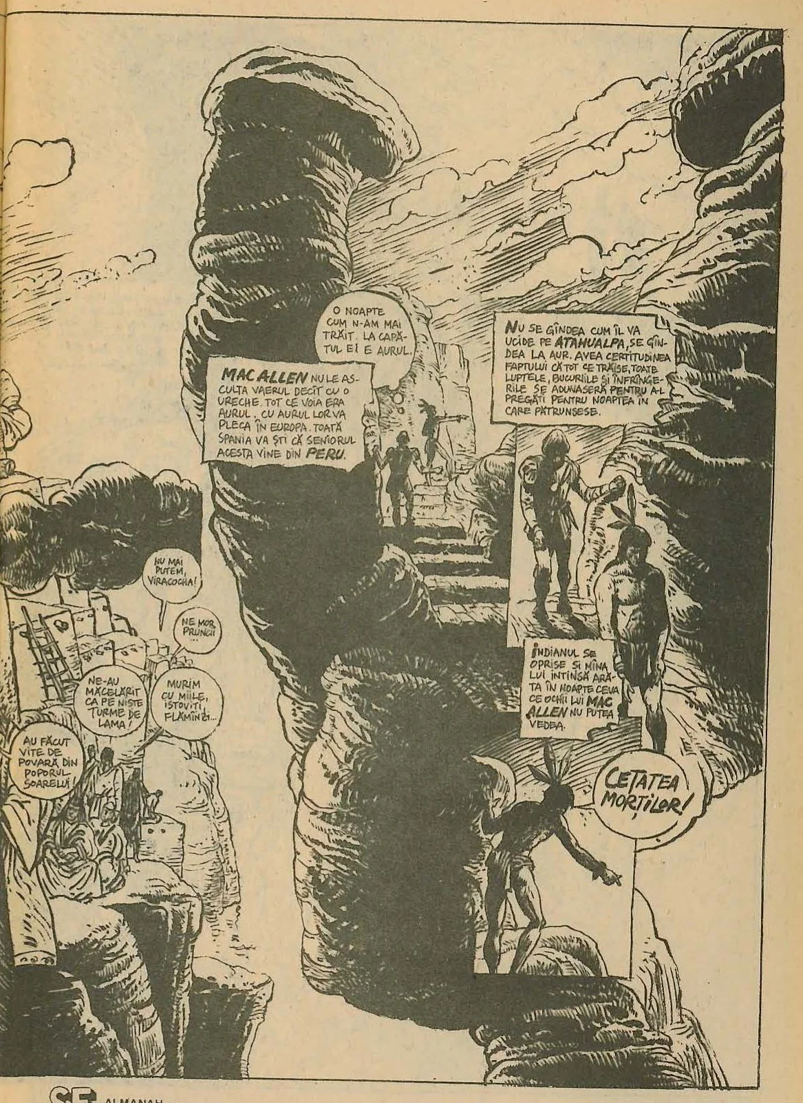 Full-page comic book illustration depicting a surreal, rocky landscape with tall, pillar-like formations. In the foreground and background, human figures are seen climbing stairs and standing on ledges. On the left, a crowd of people appears distressed. The scene is rendered in a black and white ink style.