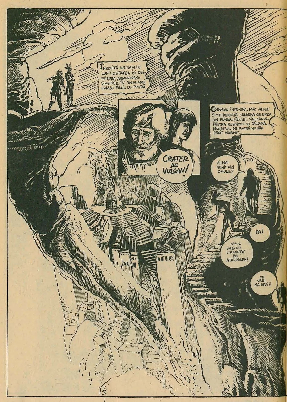 Full-page comic book illustration depicting a vast, deep crater city illuminated by moonlight. A winding stone staircase descends along the right cliff face. In the upper left, two small figures stand on a ledge overlooking the abyss. An inset panel in the center shows a close-up of an older bearded man and a younger man looking concerned.