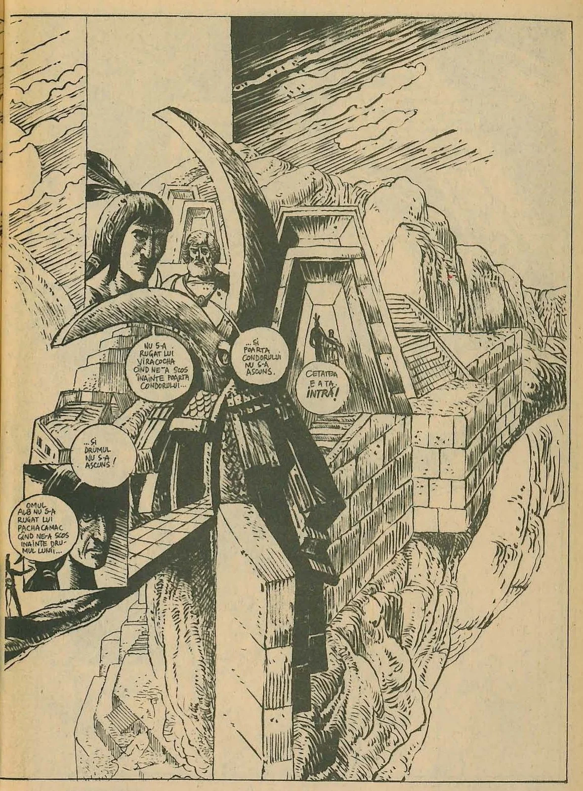 Comic book style illustration depicting an ancient stone city with a large gate, possibly Incan, situated on a cliff. Characters include a man with feathers in his hair and a bearded man. An inset panel on the left shows a close-up of a face.
