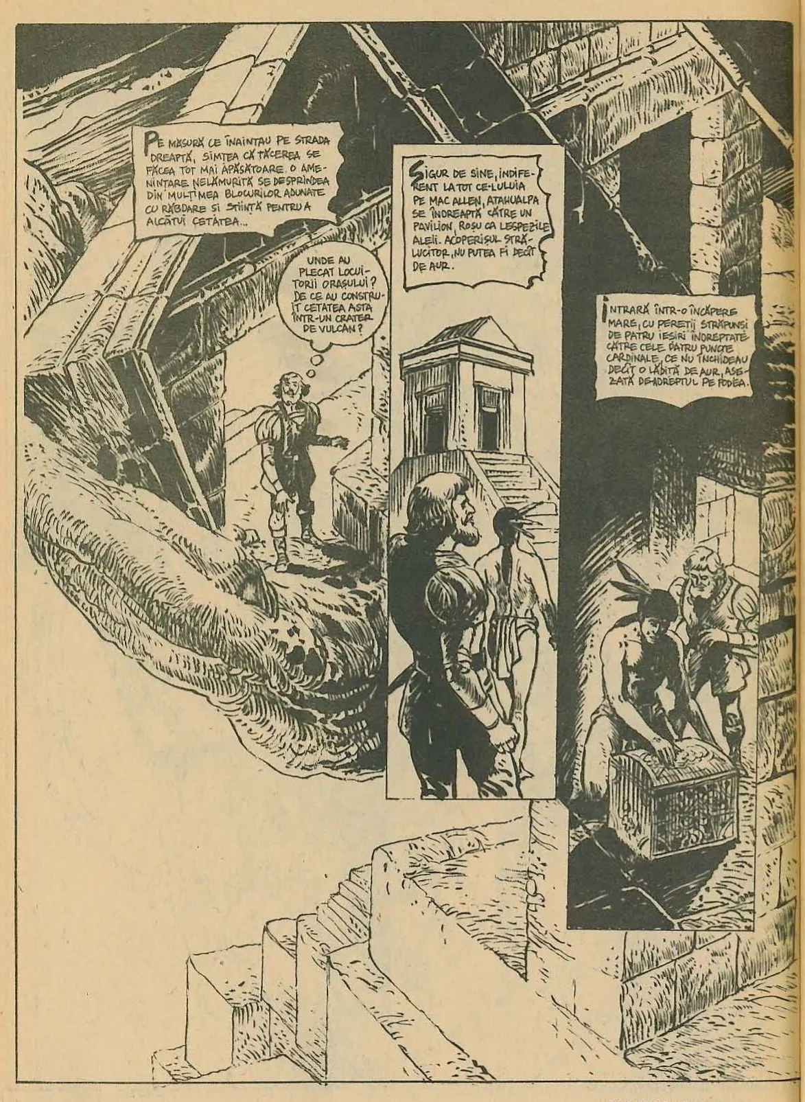 Full-page comic book illustration depicting a stone city within a volcanic crater. The scene features stone architecture, stairs, and two characters: a bearded man in colonial-style clothing (Mac Allen) and a native figure (Atahualpa).