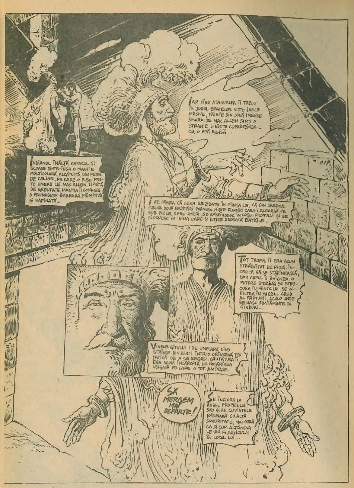 Full-page comic book style illustration depicting a scene with Atahualpa and Mac Allen. A large figure in ceremonial Incan attire stands in the center, placing rings on another character's arms. There is a close-up of a bearded man's face in the lower left and another figure in the background.