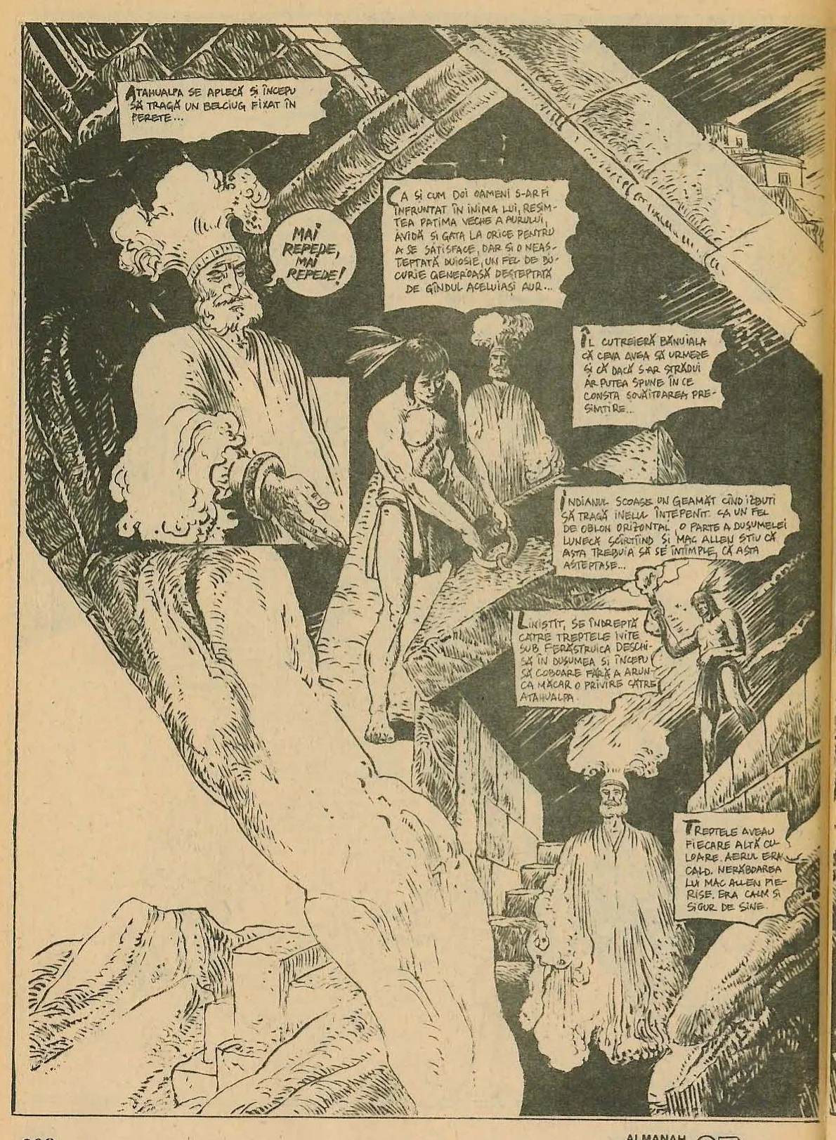 Full-page comic panel depicting a scene inside a stone structure. In the foreground left, a large bearded man in robes (Atahualpa) watches sternly. In the background, indigenous figures stand near a wall. In the bottom right, a man (Mac Allen) descends stairs into an opening in the floor.
