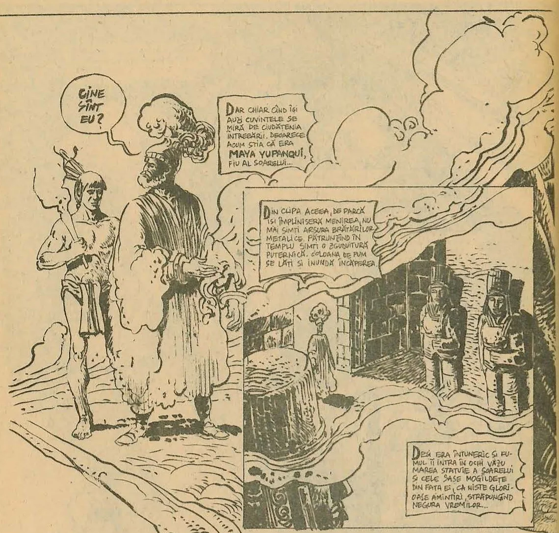 Comic book illustration showing two figures on the left: a younger man holding a torch or staff and an older bearded man in robes. They stand before a smoky, mystical background with architectural elements.