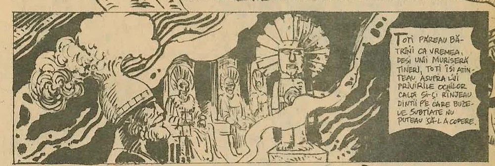 A rectangular panel depicting a group of figures in a smoky temple setting, looking towards a statue or idol in the background.