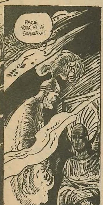 Comic panel: Characters in an ancient setting, one bowing to another wearing a headdress.