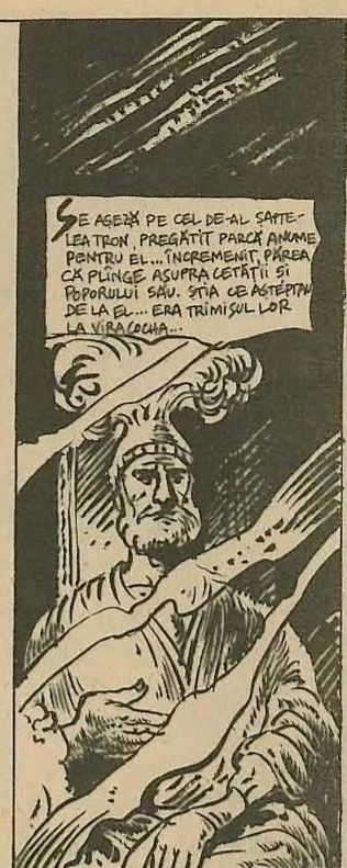 Comic panel: A bearded man sitting on a throne, looking solemn.