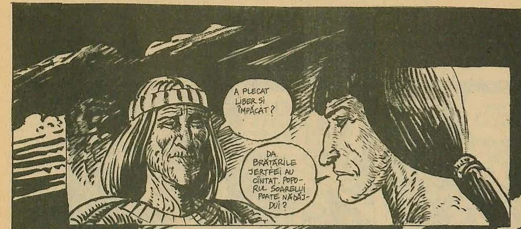 Comic panel showing a close-up of two characters in conversation: an older man with a headband on the left and a profile of a person with long dark hair on the right.