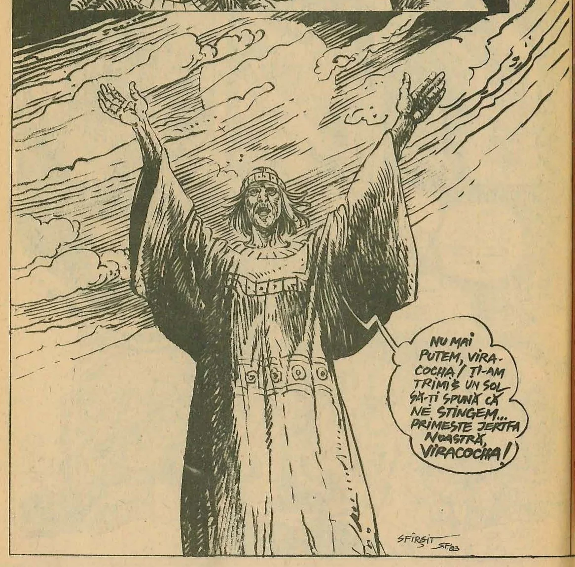 Large illustration of a robed figure standing with arms raised towards a cloudy sky, appearing to pray or invoke a deity.